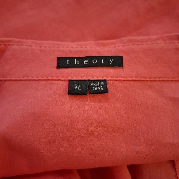 Theory Linen Blend Button Up Shirt Size XL Pink Roll Tab Sleeves Pockets - Picture 2 of 8